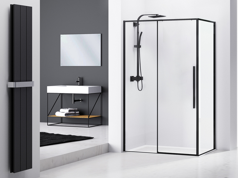 Box Doccia Angolare Feng shui 70x100 H200 Est 98/99 - 68/69 Porta Scorrevole e Lato Fisso Cristallo 6 mm Trasparente Nero opaco