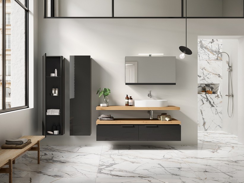 Mensola Per Lavabo Bagno D'Appoggio OXYGEN 140 cm sp. 4,5 in Legno Naturale Rovere Nodi
